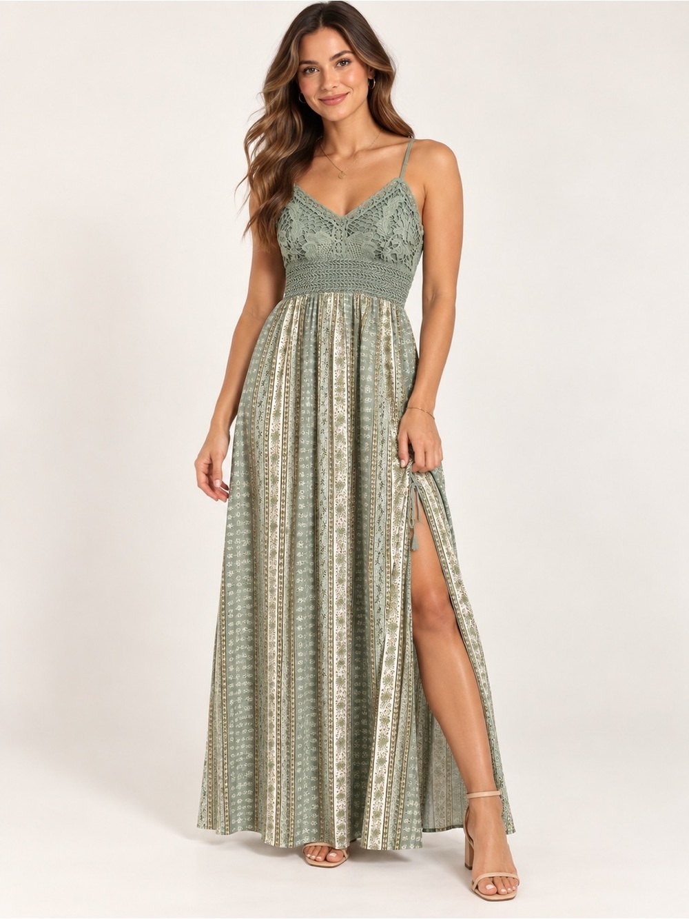 Sage Green Crochet Lace Boho Maxi Dress Floral Striped Side Slit